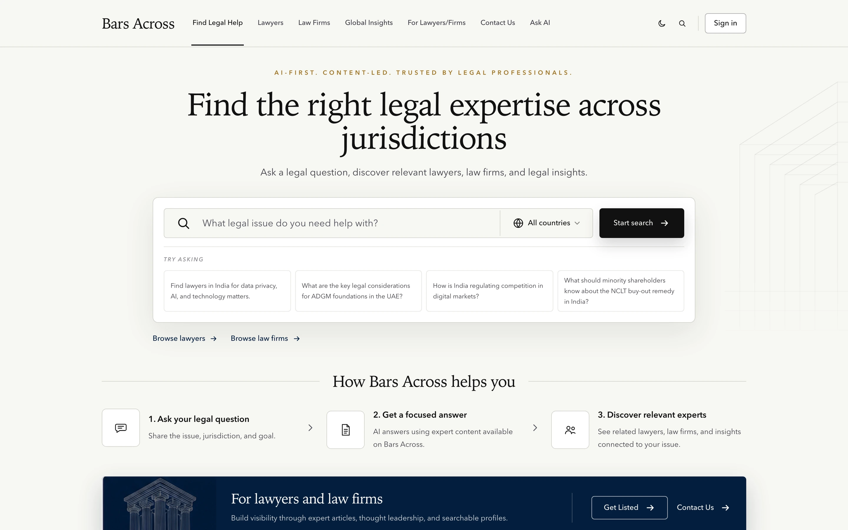 Bars Across home page showing legal discovery search